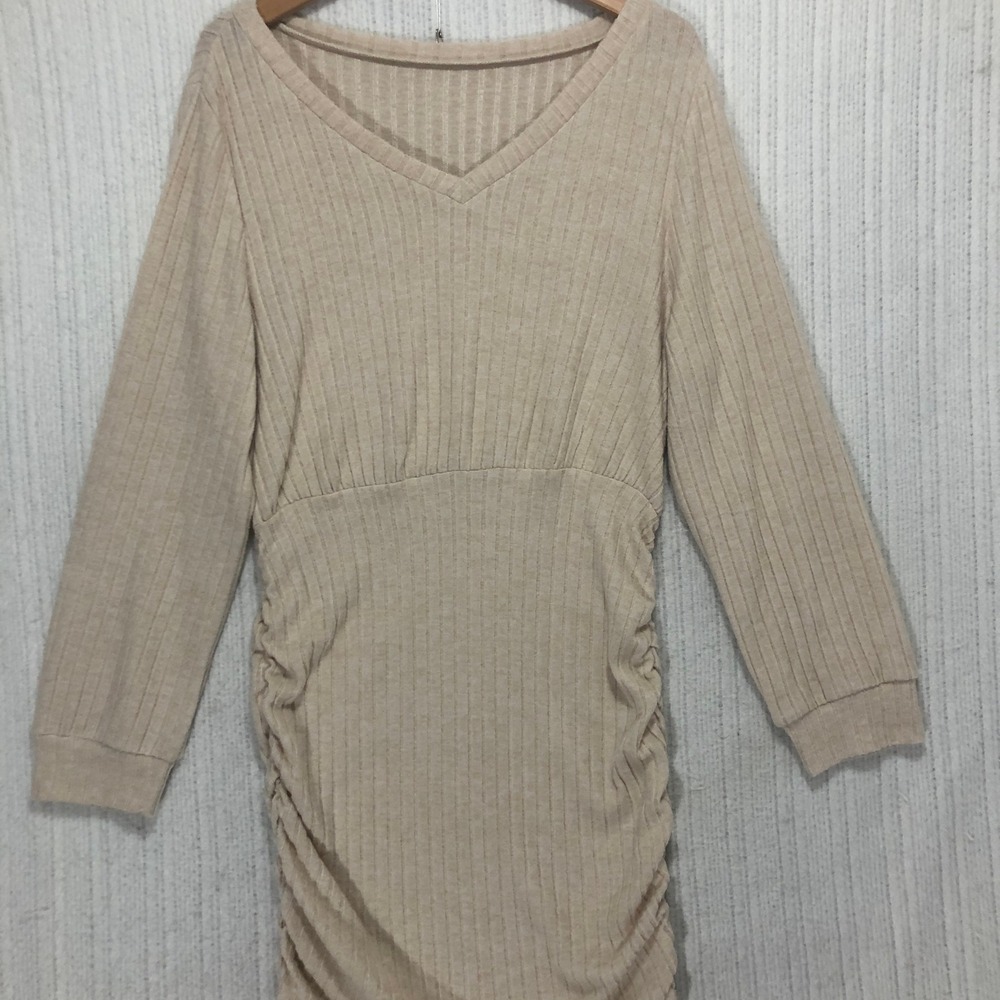 Womens Knit Ruched V Neck Long Sleeve Midi Dress Beige XL Polyester